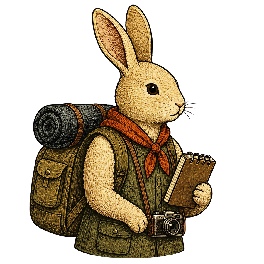Coco, a rabbit field scout with a backpack, notebook, and camera