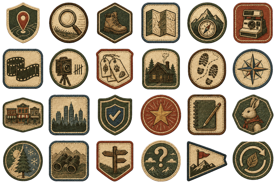 A collection of embroidered field merit patches featuring maps, cameras, trails, notebooks, and Coco