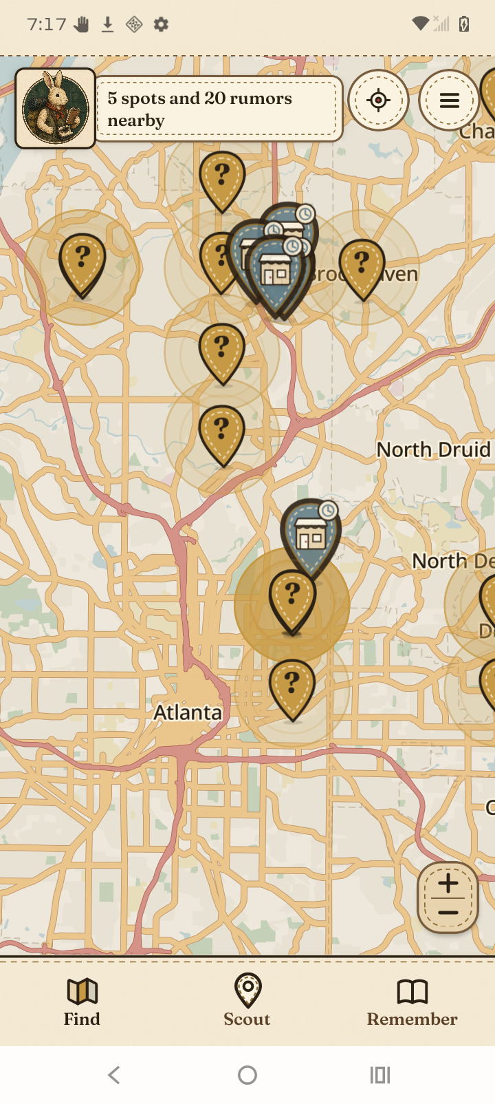 The real Android guest map around Atlanta, showing store pins and golden neighborhood hint circles
